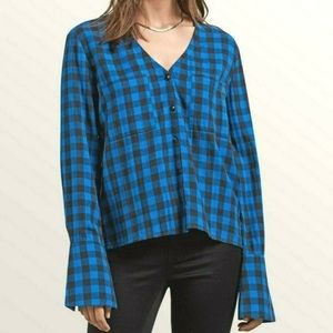 Volcom check out time button down 100% cotton checkered women’s shirt small NWT